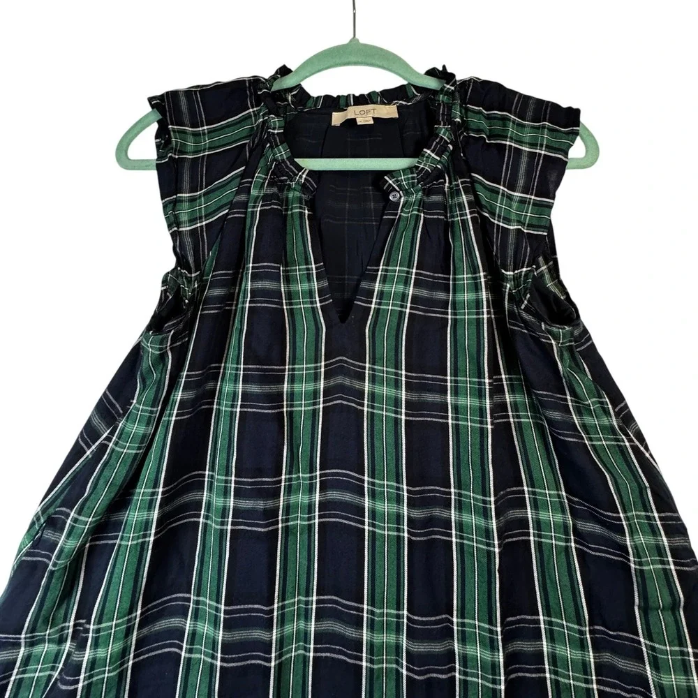 Loft Navy Green Plaid Sleeveless Midi Dress Ruffle‎ Neck Casual Boho Cap Sleeve - Picture 3 of 8